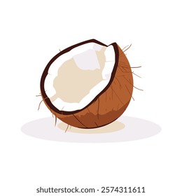 A whole coconut beside a half with white flesh visible.