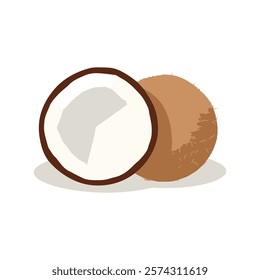 A whole coconut beside a half with white flesh visible.