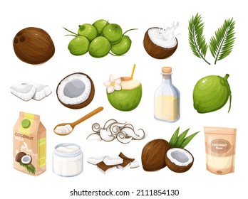 Whole coconut, half with milk splash and pieces fruit, green palm leaf, coconut oil in glass bottle. Copra. Oil on wooden spoon, pile of young green coconuts and ets. Vector illustration. svg
