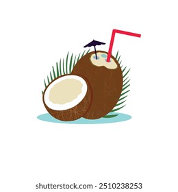 Whole Coconut and half coconut with palm tree leaf isolated on white background. Tropical fruits with fresh palm leaves coconuts isolated fruit vector illustration.