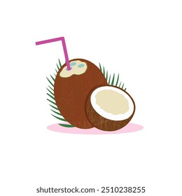Whole Coconut and half coconut with palm tree leaf isolated on white background. Tropical fruits with fresh palm leaves coconuts isolated fruit vector illustration.