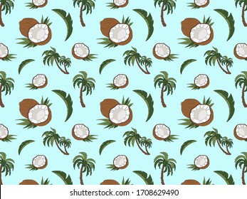 Ganze Kokosnuss, Kokosnuss-Hälften, zwei Palmen. Hochwertige Sommer-Vektorillustration-Illustration. Muster