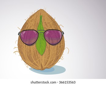 Whole coconut in sunglasses on light background