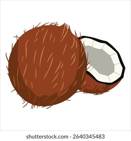 Whole coconut with textured shell paired with fresh half cut view. Ideal for beverage labels, vegan recipe books, and tropical vacation themed graphics.