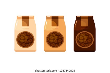 Whole coffee beans in paper bags. Packaging design for coffee varieties. Set of vector colorful flat illustrations isolated on white background