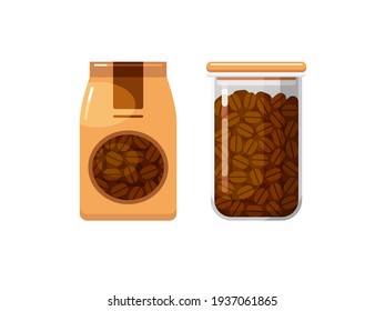 Whole coffee beans in paper packaging and food storage container. Set of vector colorful flat illustrations isolated on white background