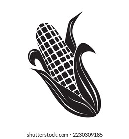 Whole corn vegetable icon silhouette isolated on plain white background. Yummy yellow vegetable with green leaves with monochrome flat art style drawing. Main cooking ingredients for popcorn.