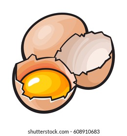 Whole and cracked, broken chicken egg with yolk inside, sketch style vector illustration isolated on white background. Hand drawn, sketched raw, uncooked chicken eggs, whole and broken
