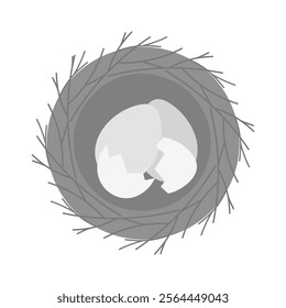 Whole and cracked eggs in birds nest made sprigs in grayscale. Easter or spring greeting design idea