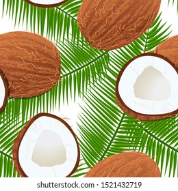 Whole and cracked Ripe coconuts and palm leaves Seamless pattern. place for text. label template. Tropical Vector illustration. Idea for logo, label, perfumery, cosmetics, drinks, cloth, prints