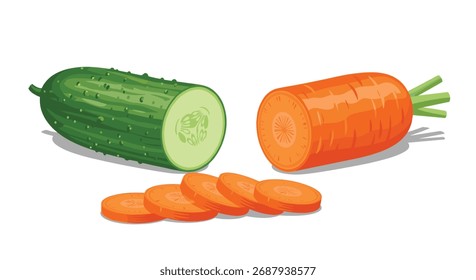 Um pepino inteiro e uma cenoura inteira ao lado de cenouras fatiadas.