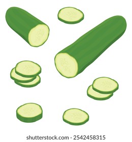 Pepino inteiro e fatias de pepino cortadas. Conjunto de pepinos frescos isolados sobre fundo branco. Produtos hortícolas orgânicos. Comida vegetariana. Ilustração vetorial