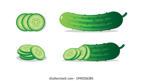 Whole cucumber, half, sliced and slices. Vegetable icon. Healthy, vegetarian food logo, symbol.