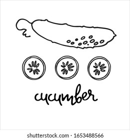 The whole cucumber and several slices of cucumber. Black and white vector illustration with hand lettering. Perfect for coloring book, teaching aid, illustrated summary, other design projects