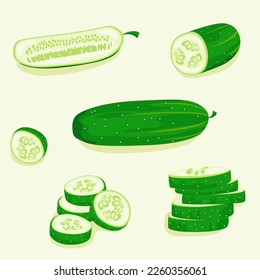 Whole cucumber, cucumber slices, half cucumber. Icon set. Healthy food design. Vegetables for cooking. Vector illustration.