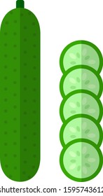 Whole cucumber vertically and round slices of cucumber vector flat icon isolated on white