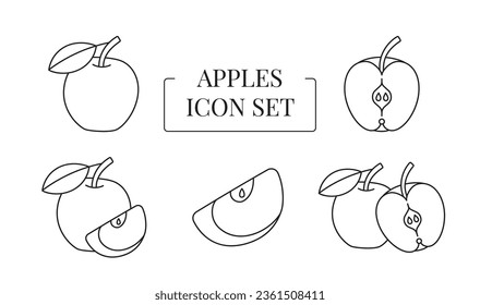 Whole and cut apple set of line icons in vector.