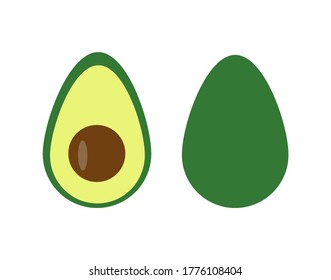 Avocado-Früchte ganz und geschnitten in flachem Stil. Einzeln auf weißem Hintergrund.