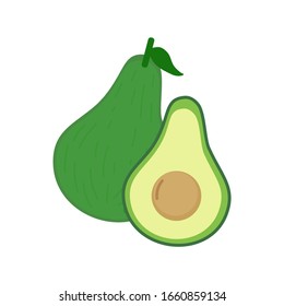 Whole and cut avocado on white background.