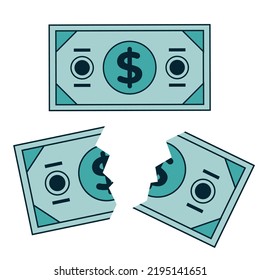 Whole and cut broken half money cash concept isolated design element illustration set
