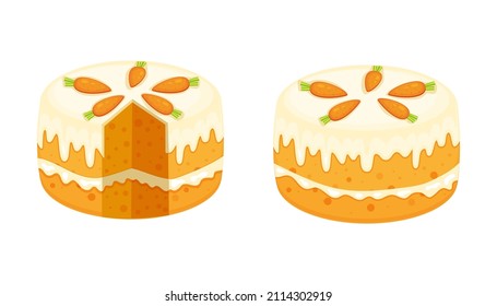 Whole and cut carrot cake vector illustration in a cartoon flat style isolted on white background.