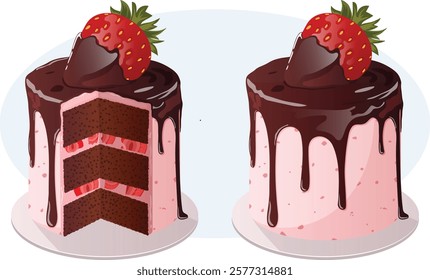 Whole and Cut Chocolate Covered Strawberry Mini Cake with Dripping Glaze. Romantic Dessert Illustration 