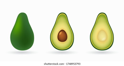 Whole and cut in half avocado isolated on white background