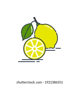 Whole and cut in half lemon fruit isolated on white background. Fresh cut citrus icon. Bright summer harvest illustration. Flat style illustration for any design. Organic product. Vector.