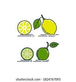 Todo y cortado en mitad de limón y lima, aislado en fondo blanco. Producto orgánico. Luminosa ilustración de cosecha de verano. Ilustración de estilo plano para cualquier diseño. Icono de corte de cítricos. Vector.