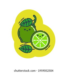 Whole and cut in half lime fruit isolated on white background. Vector colored citrus icon. An cute image of a fetus with a smiling face. Kawaii flat style illustration for any design. Organic product.