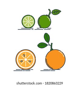 Whole and cut in half orange or tangerine and lime fruit isolated on white background. Organic product. Bright summer harvest illustration. Flat style illustration for any design. Cut citrus icon.