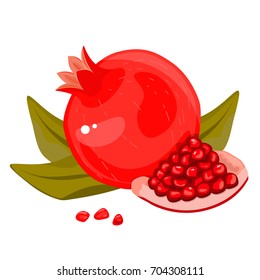 Whole and cut icon set pomegranate.Vector illustration isolated on white background. Cartoon red ripe pomegranate.