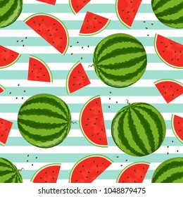 Whole and cut into pieces watermelons. Colorful seamless pattern. Design for posters, banners, textiles, wrapping paper. Vector illustration.