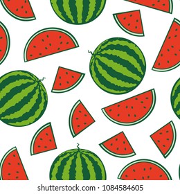 Whole and cut into pieces watermelons on a white background. Colorful seamless pattern. Design for posters, banners, textiles, wrapping paper. Vector illustration.