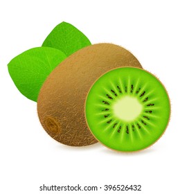 Whole and cut kiwi fruit with leaf isolated on white background. Realistic vector illustration.