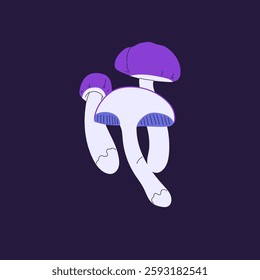 Whole and cut magic poisonous mushrooms. Venomous boletus with violet caps. Psychedelic forest fungus, hallucinogenic bolete of woodland, inedible toadstool, amanita. Flat isolated vector illustration