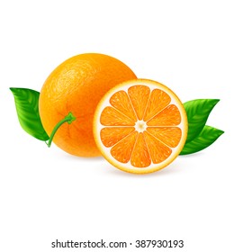 Whole and cut oranges fruits with leaf isolated on white background. Realistic vector illustration.