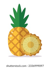 Whole and cut pineapple. Colored vector illustration.