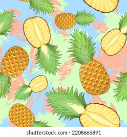 Whole and cut pineapple random repeat seamless pattern. Tropical fruit endless texture on spots background. Irregular boundless background. Summer surface design. Editable tile for cloth, interior