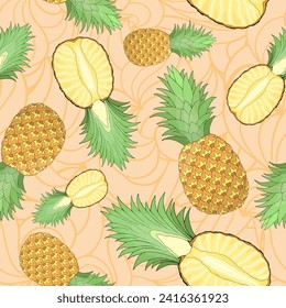 Whole and cut pineapple random repeat seamless pattern. Tropical fruit endless texture. Irregular boundless background. Pastel summer surface design. Editable tile for textile, stationery, cosmetics