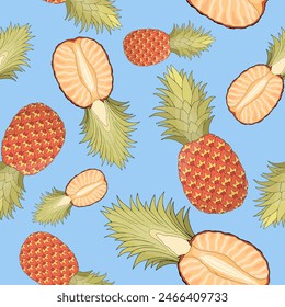 Whole and cut pineapple random repeat seamless pattern. Tropical fruit endless texture. Irregular boundless background. Cheerful summer surface design. Editable tile for textile, stationery, cosmetics