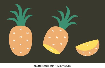 Whole and cut pineapple. Sweet fruit in flat style.