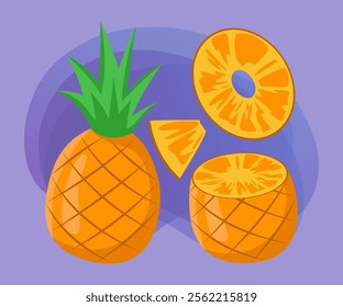 Whole and cut pineapple vector illustrations set. Collection of cartoon drawings of half and slice of pineapple on purple background. Fruit, food, healthy eating concept