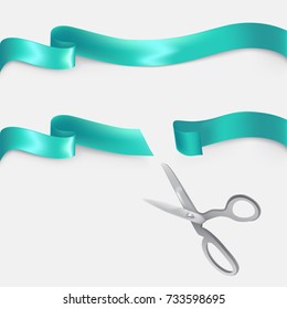 Whole and cut with scissors on two pieces turquoise silk or satin ribbon realistic vector illustration isolated on white background. Grand opening, start-up beginning, event celebrating design element