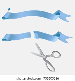 Whole and cut with scissors on two pieces blue silk or satin ribbon realistic vector illustration isolated on white background. Grand opening, start-up beginning, event celebrating design element