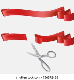 Whole and cut with scissors on two pieces red silk or satin ribbon realistic vector illustration isolated on white background. Grand opening, start-up beginning, event celebrating design element