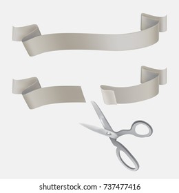 Whole and cut with scissors on two pieces gray silk or satin ribbon realistic vector illustration isolated on white background. Grand opening, start-up beginning, event celebrating design element