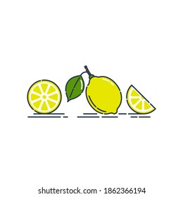 Ganze, schneiden und schneiden in halben Zitronenfrüchten, einzeln auf weißem Hintergrund. Bio-Produkt. Helle Sommer Ernte Illustration. Flaches Stilbild für jedes Design. Frisch geschnittene Zitrussymbol. Vektorgrafik.