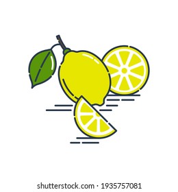 Whole cut and slice in half lemon fruit isolated on white background. Fresh cut citrus icon. Bright summer harvest illustration. Flat style illustration for any design. Organic product. Vector.