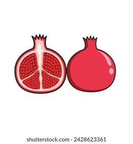 Whole and cut sliced pomegranate icon set. Flat cartoon vector illustration.Good for design packaging, cover, print, banner, poster, clipart, sticker, icon, mascot, logo.